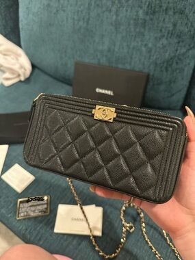 Chanel Boy Black Quilted Caviar Leather Wallet on Chain